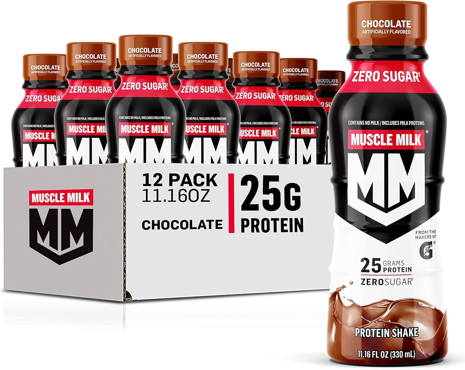 SamRock Supplements 11.16 Fl Oz (Pack of 12) / Chocolate Muscle Milk Genuine Protein Shake, 11.16 Fl Oz Bottle, 12 Pack, 25g Protein, Zero Sugar