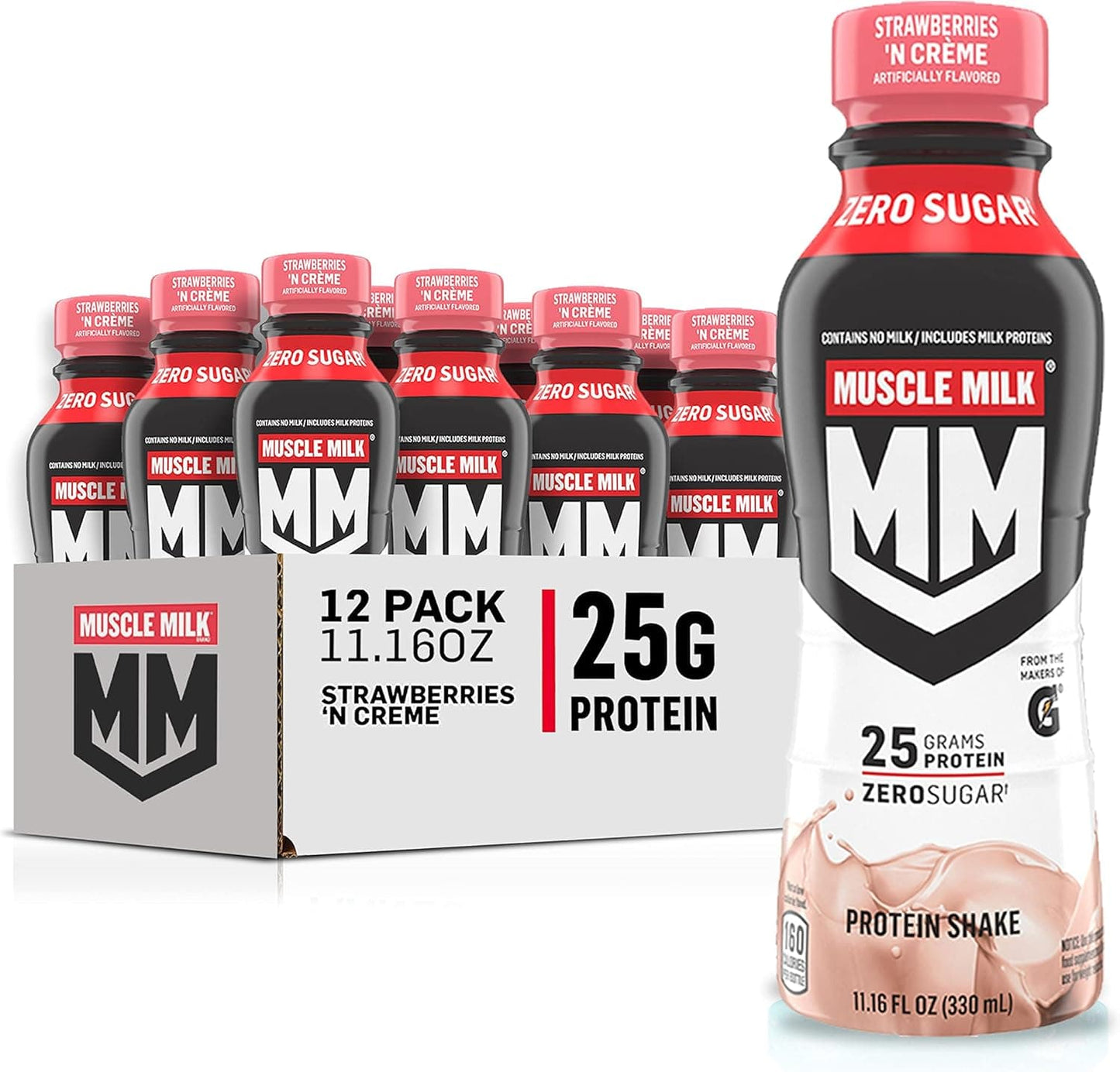 SamRock Supplements 11.16 Fl Oz (Pack of 12) / Strawberry Muscle Milk Genuine Protein Shake, 11.16 Fl Oz Bottle, 12 Pack, 25g Protein, Zero Sugar