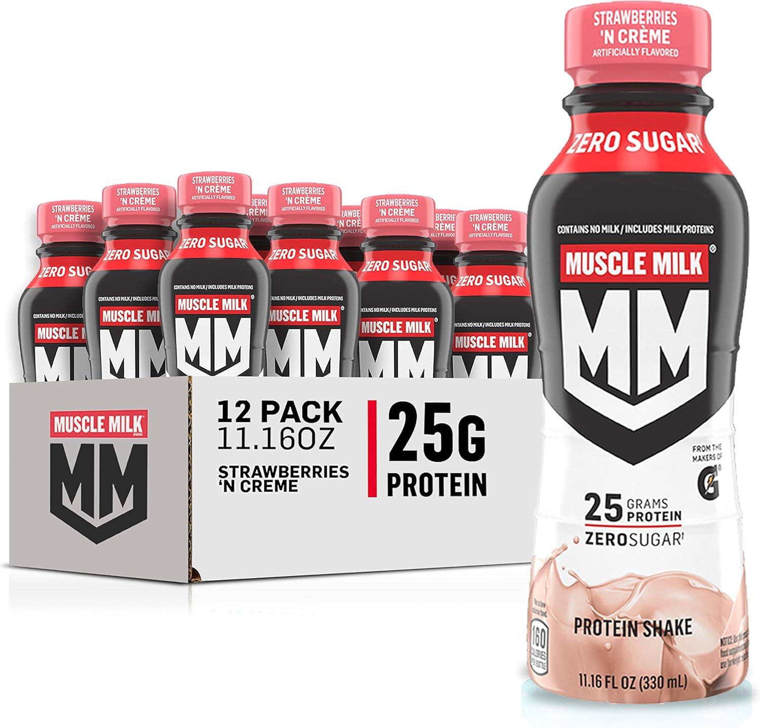 SamRock Supplements 11.16 Fl Oz (Pack of 12) / Strawberry Muscle Milk Genuine Protein Shake, 11.16 Fl Oz Bottle, 12 Pack, 25g Protein, Zero Sugar