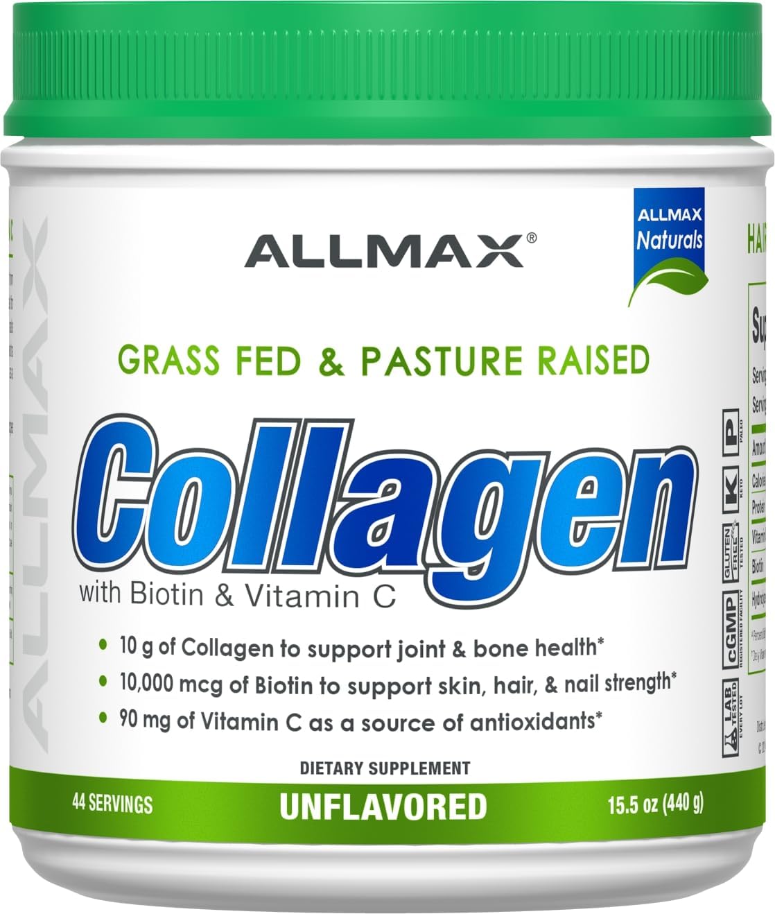SamRock Supplements ALLMAX Nutrition Grass Fed & Pasture Raised Collagen with 10,000 mcg Biotin + 90 mg Vitamin C, Unflavored, 15.5 oz (440 g)