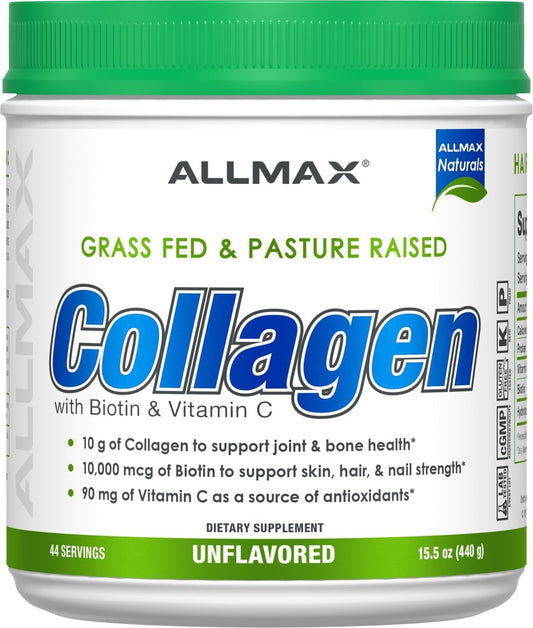 SamRock Supplements ALLMAX Nutrition Grass Fed & Pasture Raised Collagen with 10,000 mcg Biotin + 90 mg Vitamin C, Unflavored, 15.5 oz (440 g)