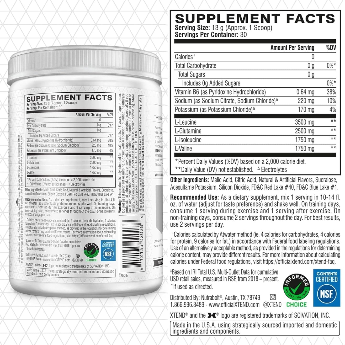 SamRock Supplements XTEND Original BCAA Powder 7g BCAA and 2.5g L-Glutamine, Sugar Free, 30 Servings