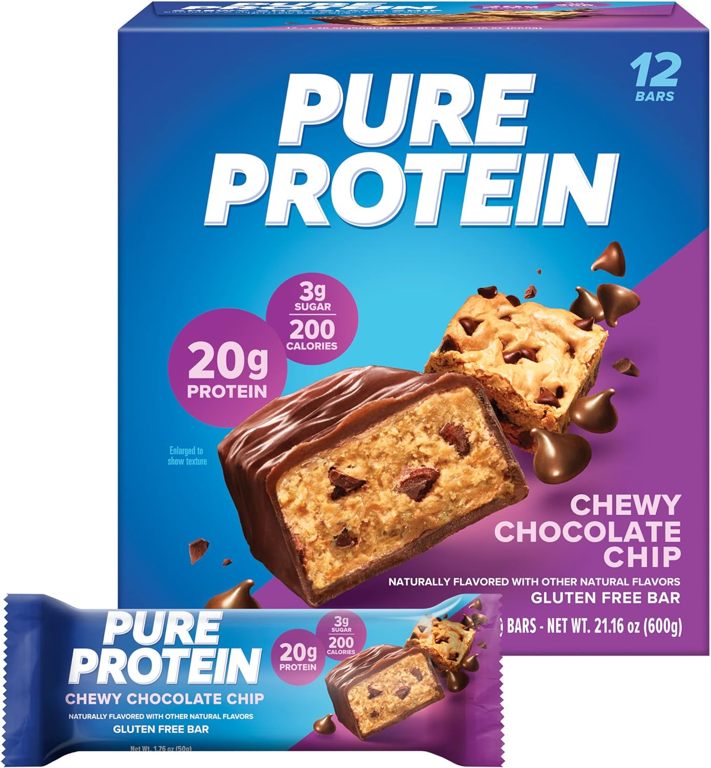 SamRock Supplements Chewy Chocolate Chip / 12 count Pure Protein Bars, High Protein, Nutritious Snacks to Support Energy, Low Sugar, 1.76 oz, 12 Count