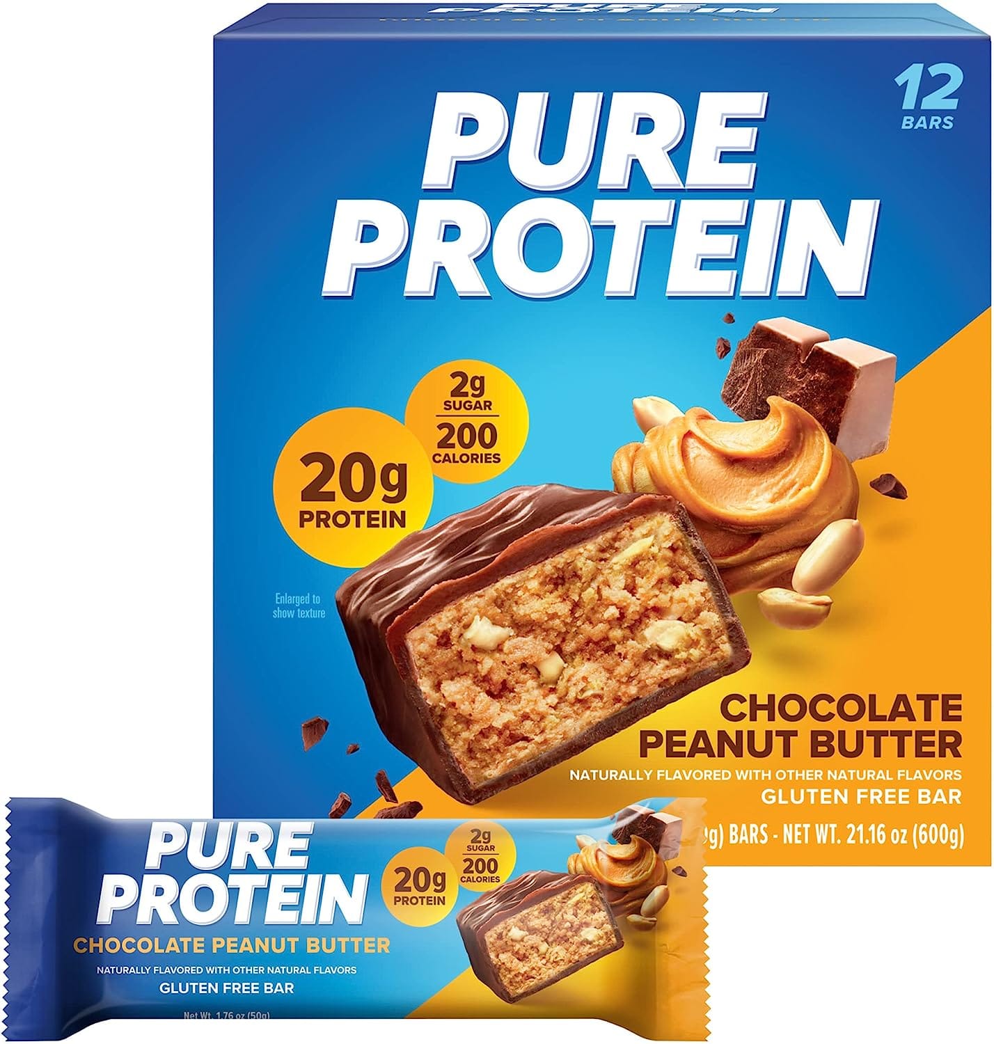 SamRock Supplements Chocolate Peanut Butter / 12 count Pure Protein Bars, High Protein, Nutritious Snacks to Support Energy, Low Sugar, 1.76 oz, 12 Count