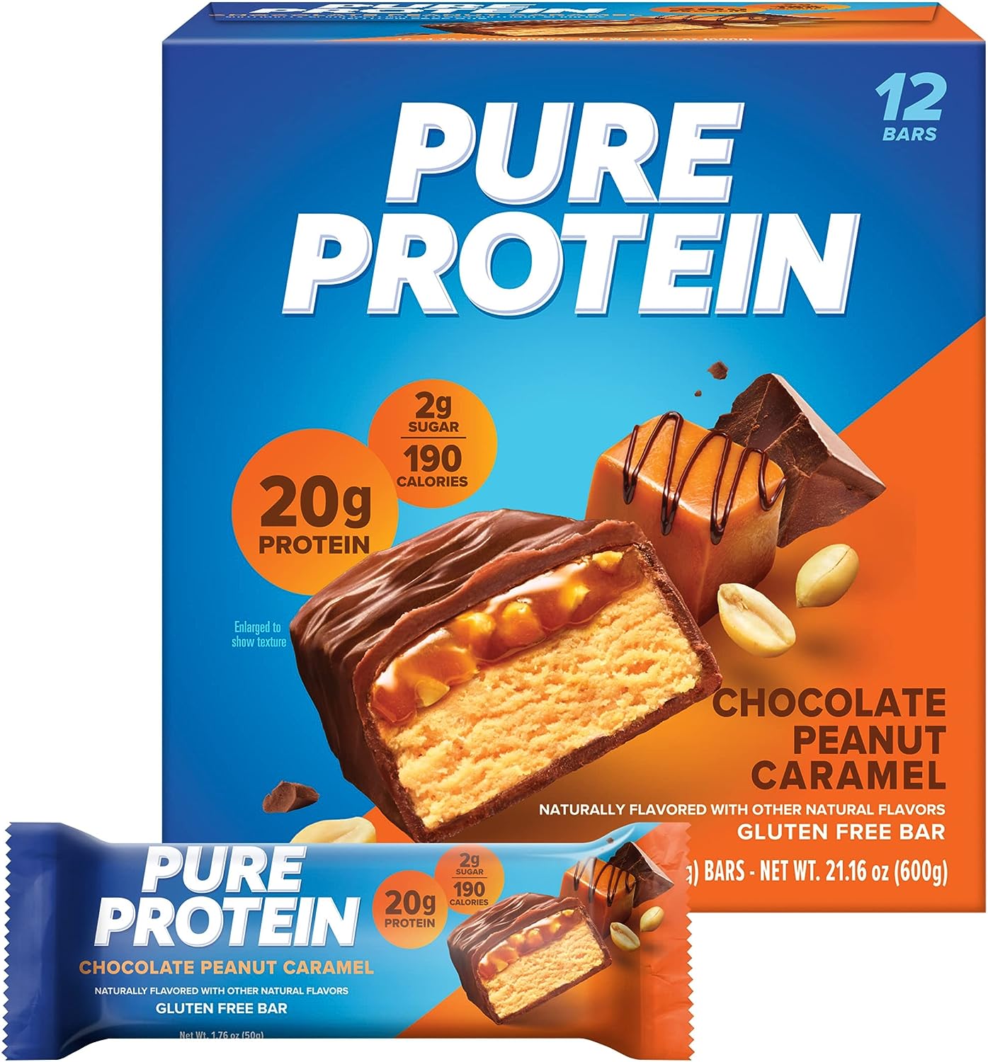 SamRock Supplements Chocolate Peanut Caramel / 12 count Pure Protein Bars, High Protein, Nutritious Snacks to Support Energy, Low Sugar, 1.76 oz, 12 Count