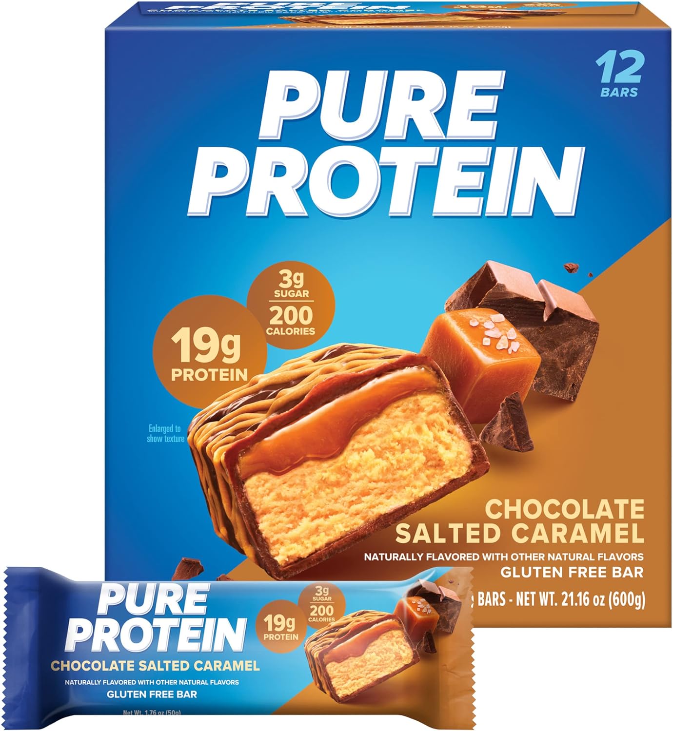 SamRock Supplements Chocolate Salted Caramel / 12 count Pure Protein Bars, High Protein, Nutritious Snacks to Support Energy, Low Sugar, 1.76 oz, 12 Count