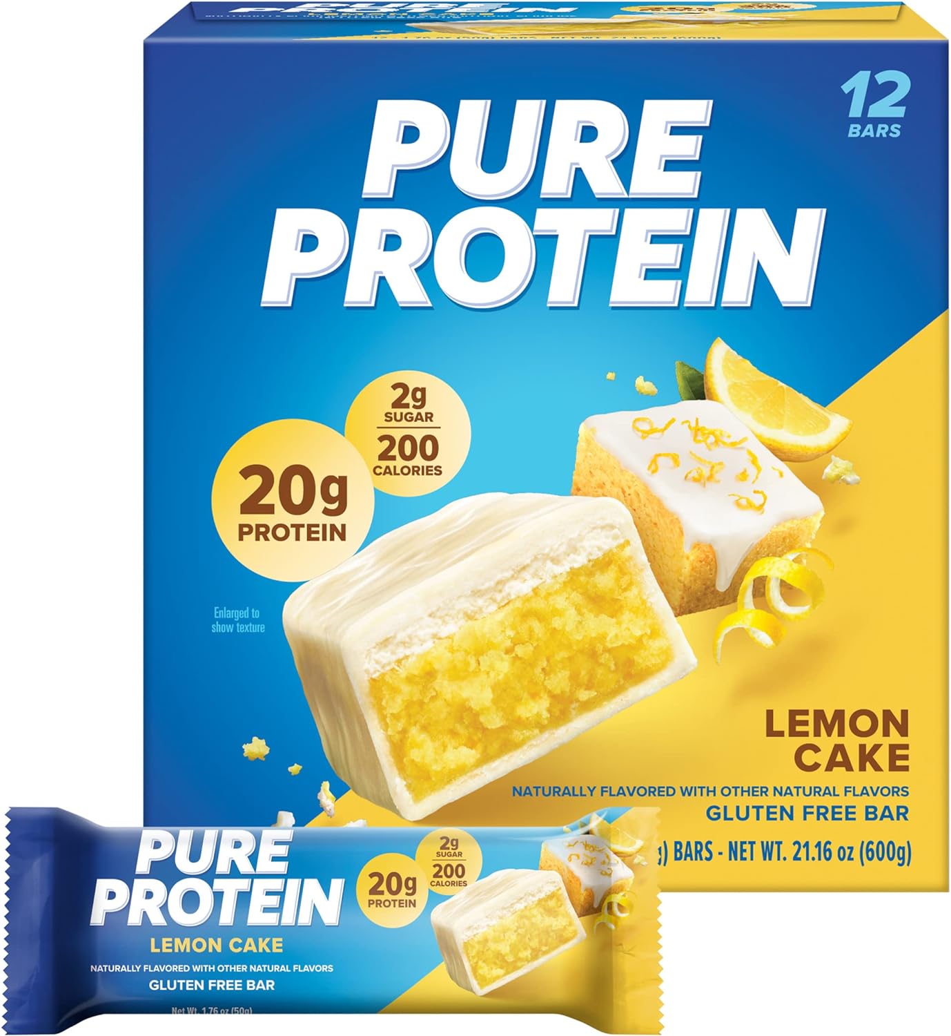 SamRock Supplements Lemon Cake / 12 count Pure Protein Bars, High Protein, Nutritious Snacks to Support Energy, Low Sugar, 1.76 oz, 12 Count