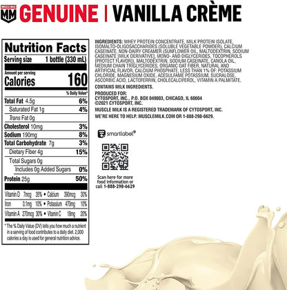 SamRock Supplements Muscle Milk Genuine Protein Shake, 11.16 Fl Oz Bottle, 12 Pack, 25g Protein, Zero Sugar