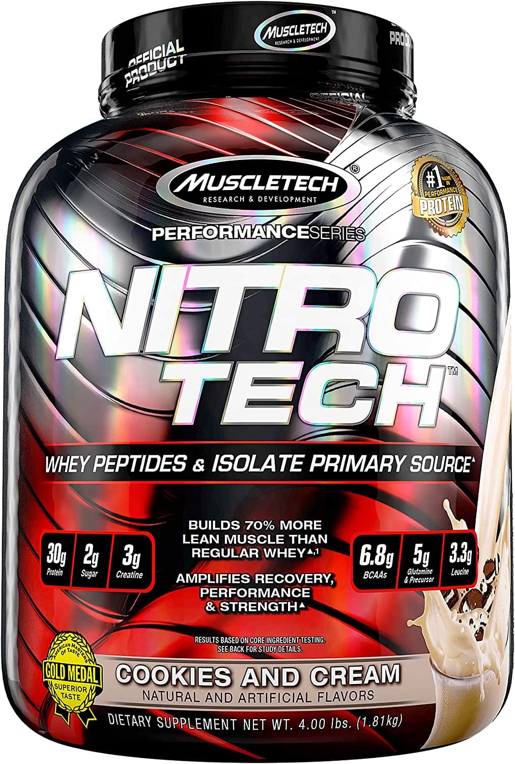 SamRock Supplements Cookies and Cream / 4lb Whey Protein Powder | MuscleTech Nitro-Tech Whey Protein Isolate & Peptides | Protein + Creatine for Muscle Gain | 4 lb (40 Servings)