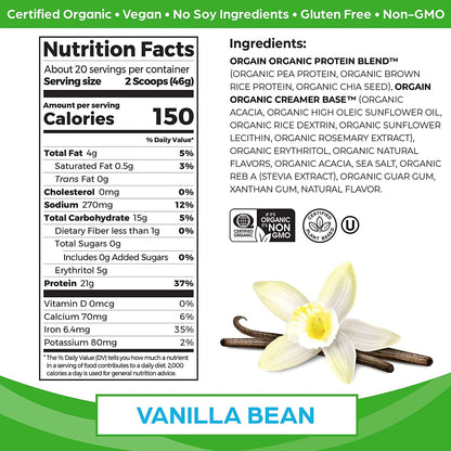 SamRock Supplements Orgain Organic Vegan Protein Powder, Vanilla Bean - 21g of Plant Based Protein, 2.03 Lb
