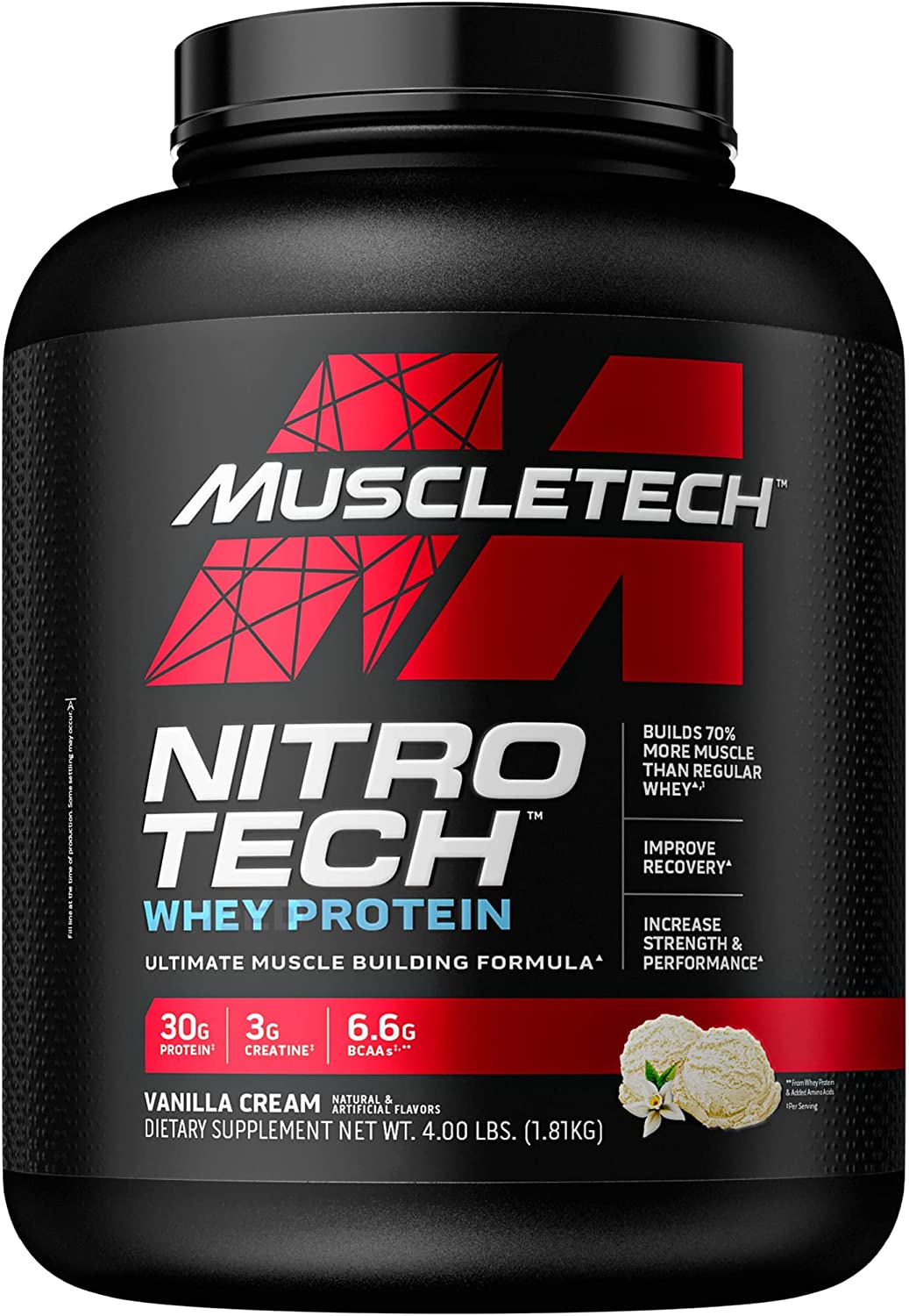 SamRock Supplements Vanilla Cream / 4lb Whey Protein Powder | MuscleTech Nitro-Tech Whey Protein Isolate & Peptides | Protein + Creatine for Muscle Gain | 4 lb (40 Servings)